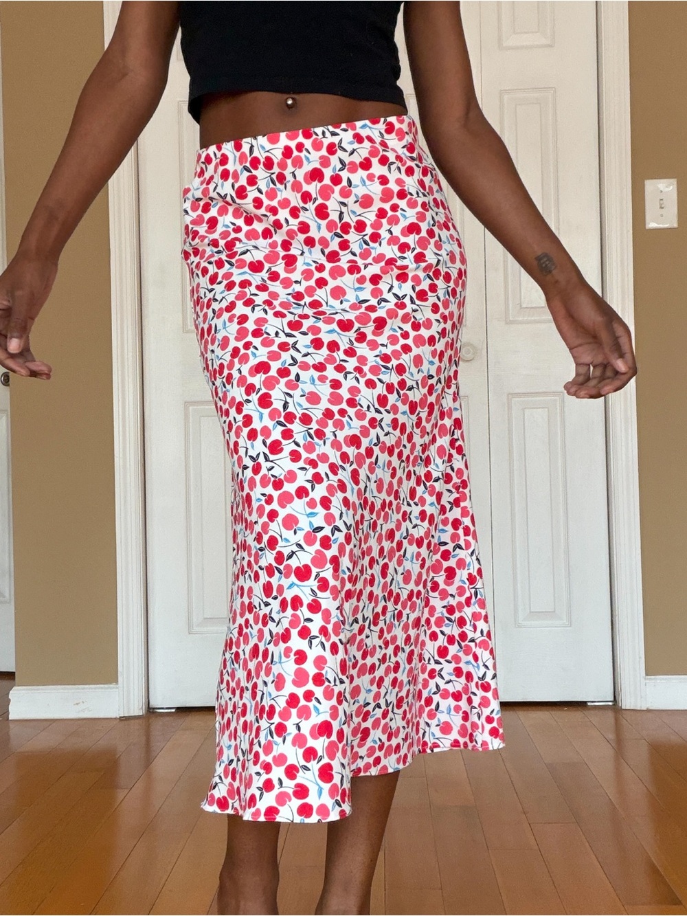 LOFT White Midi Skirt with Red Cherry Print